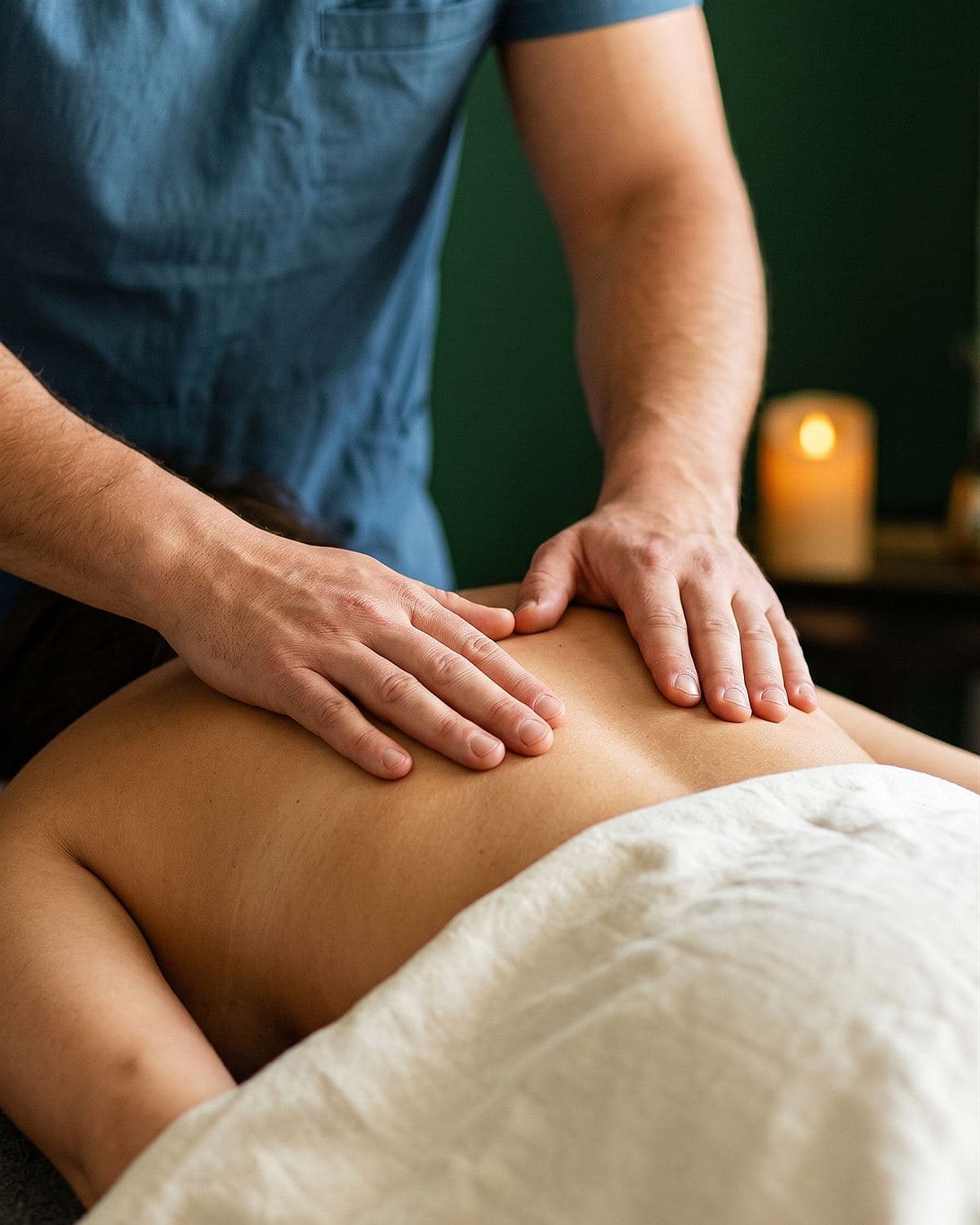 Mișcări blânde de terapie Bowen pe spate, într-o ședință relaxantă